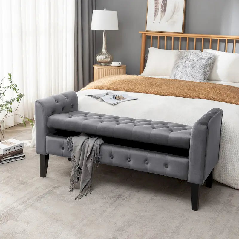 Velvet Storage Bench with Rubberwood Legs