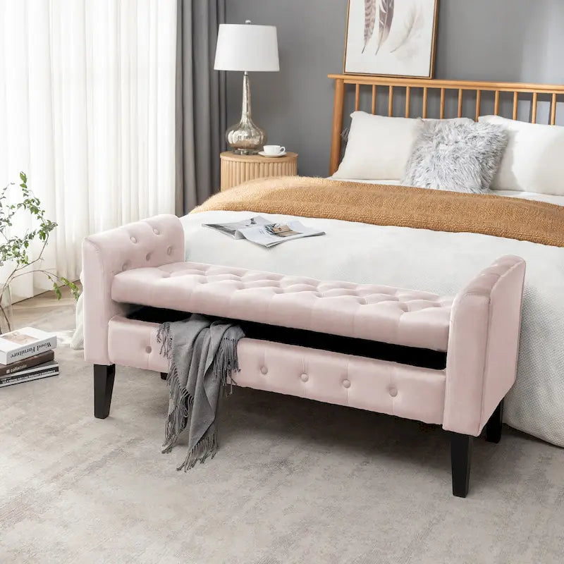Velvet Storage Bench with Rubberwood Legs