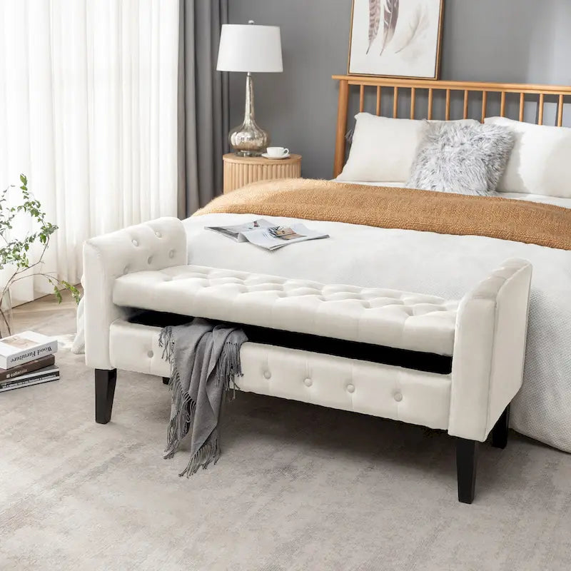 Velvet Storage Bench with Rubberwood Legs