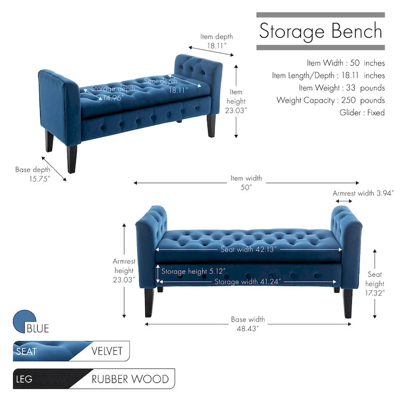 Velvet Storage Bench with Rubberwood Legs