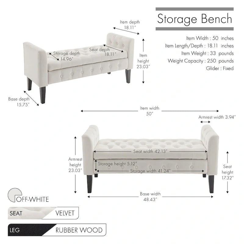 Velvet Storage Bench with Rubberwood Legs