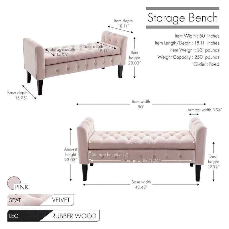 Velvet Storage Bench with Rubberwood Legs