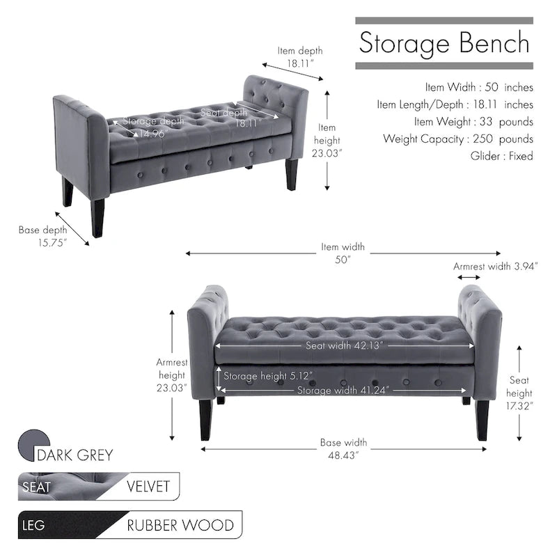 Velvet Storage Bench with Rubberwood Legs