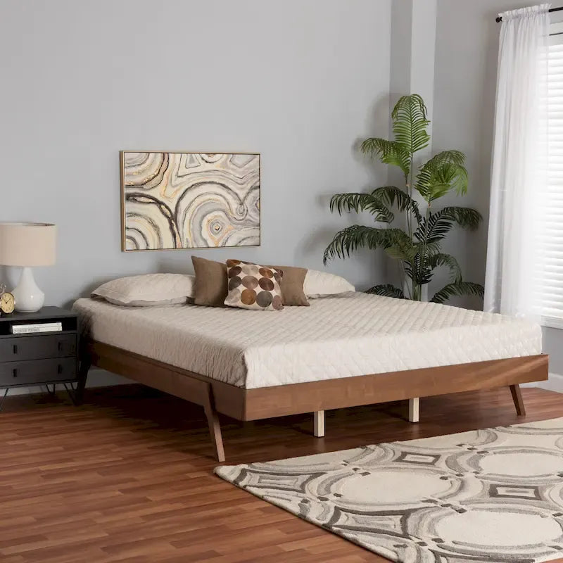 Mid-Century Modern Ash Walnut Finished Wood Bed Frame