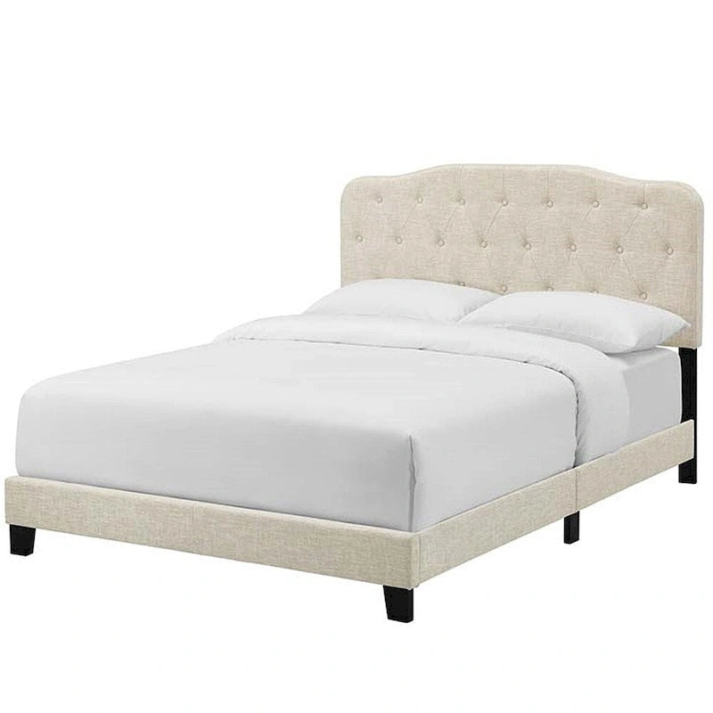 King Size Beige Fabric Platform Bed with Button Tufted Headboard