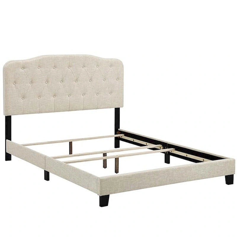 King Size Beige Fabric Platform Bed with Button Tufted Headboard