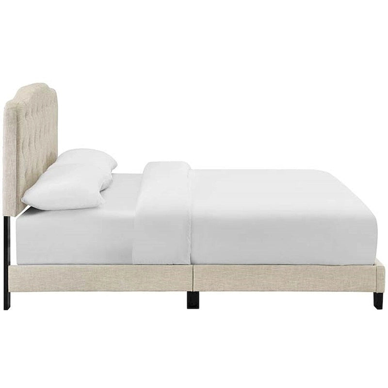 King Size Beige Fabric Platform Bed with Button Tufted Headboard