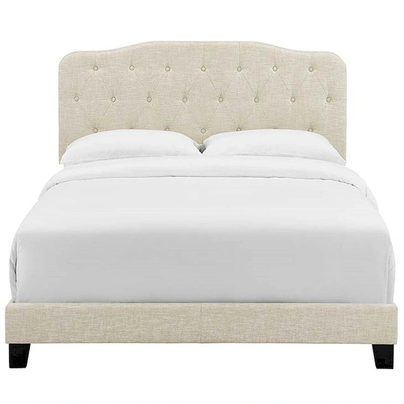 King Size Beige Fabric Platform Bed with Button Tufted Headboard