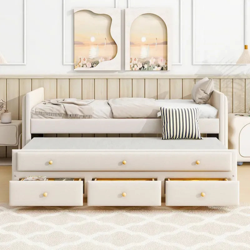 Twin Size Upholstered Daybed with Twin Size Trundle and Drawers, Velvet, Beige