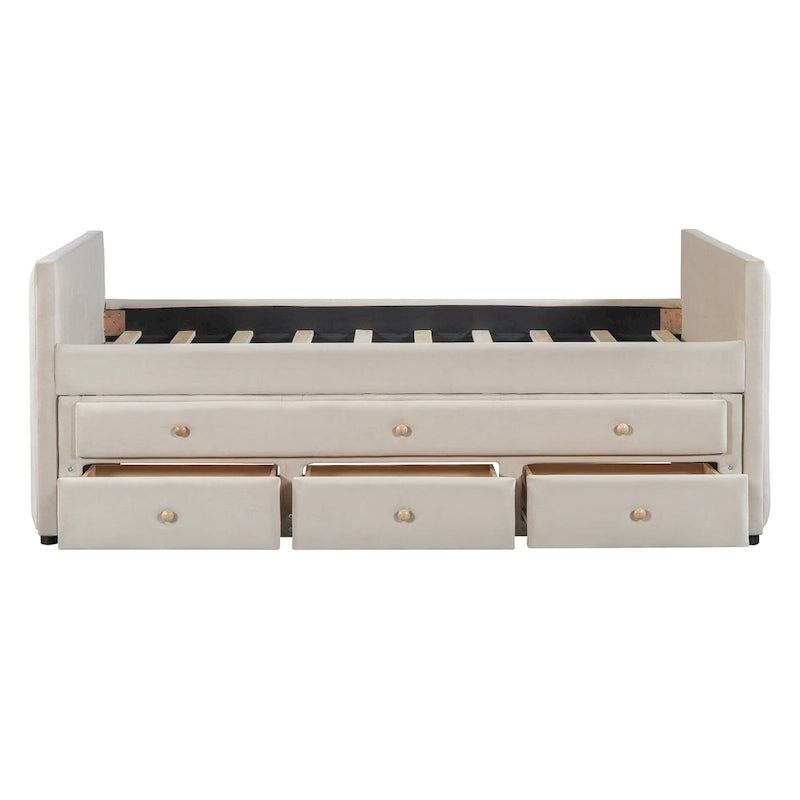 Twin Size Upholstered Daybed with Twin Size Trundle and Drawers, Velvet, Beige