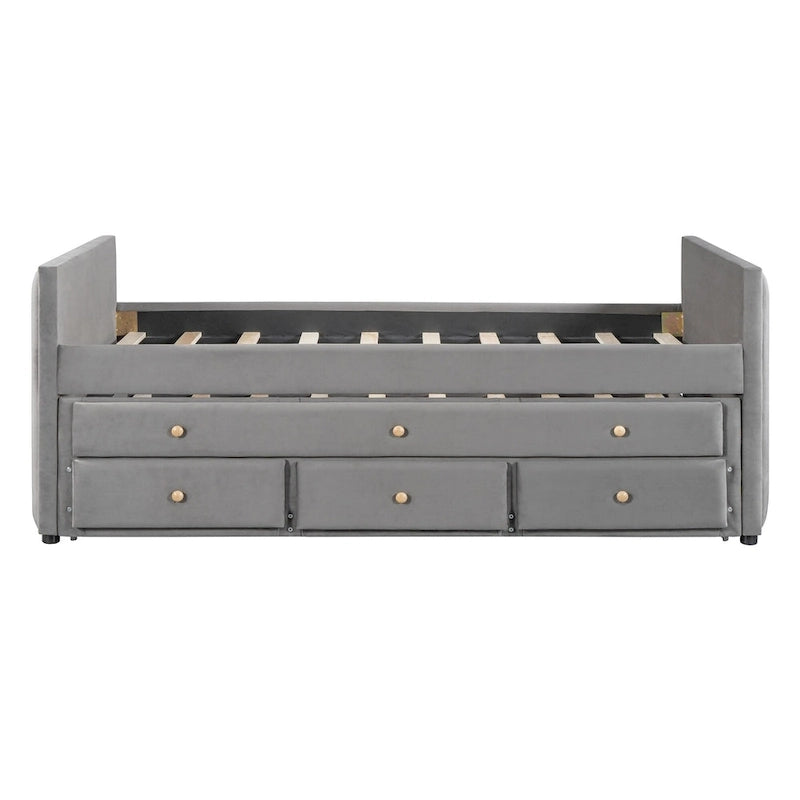 Twin Size Upholstered Daybed with Twin Size Trundle and Drawers, Velvet, Beige