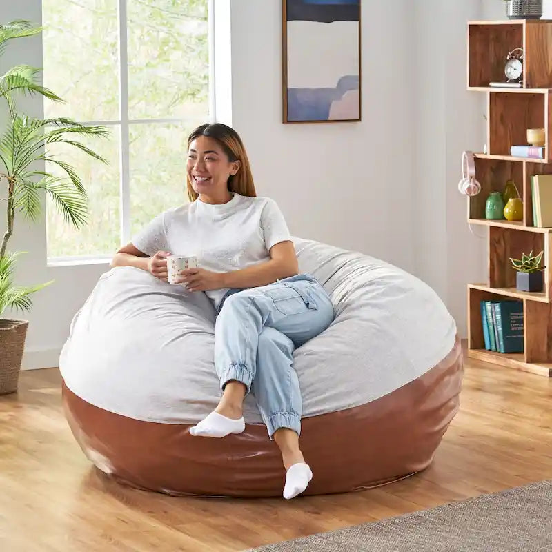 Modern 5 Foot Two Toned Fabric and Faux Leather Bean Bag by