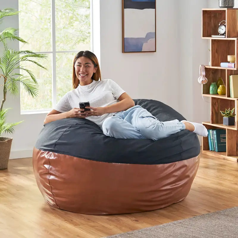 Modern 5-Foot Two-Toned Fabric and Faux Leather Bean Bag