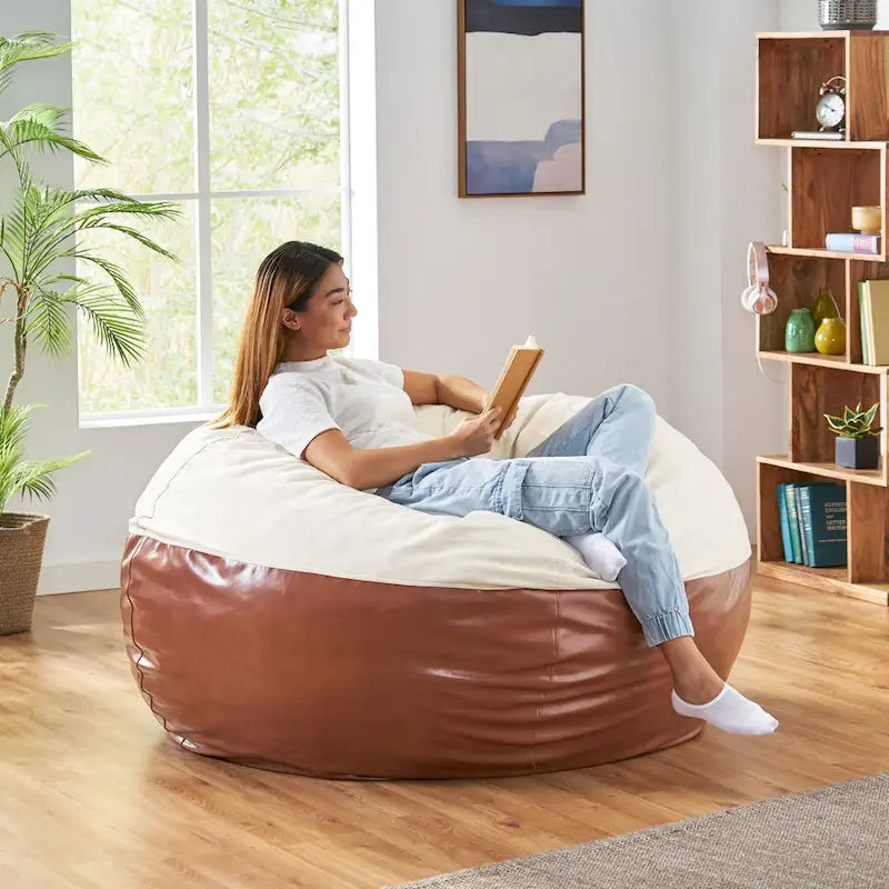Modern 5 Foot Two Toned Fabric and Faux Leather Bean Bag by