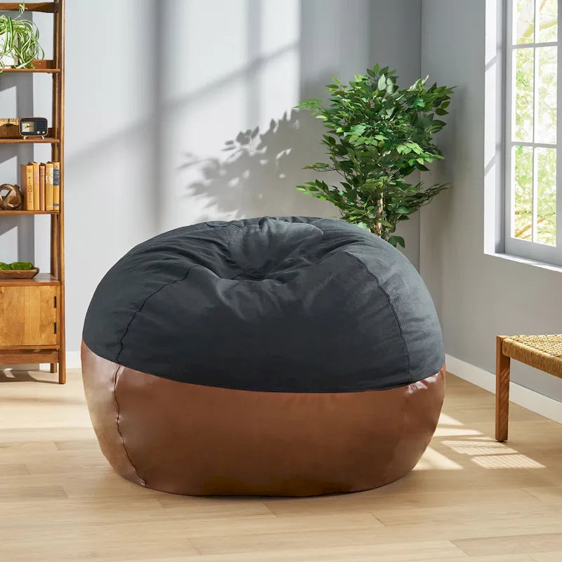 Modern 5 Foot Two Toned Fabric and Faux Leather Bean Bag by