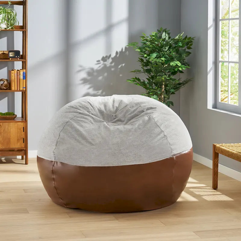 Modern 5 Foot Two Toned Fabric and Faux Leather Bean Bag by