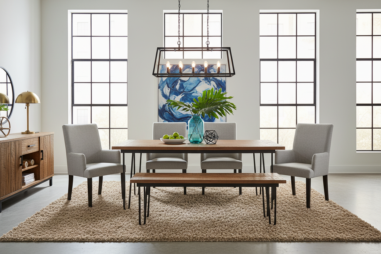 Mesa de Jantar Retangular Rústica Caramel Herringbone com Pernas Metálicas Angulares