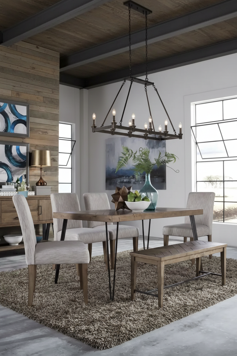 Mesa de Jantar Retangular Rústica Caramel Herringbone com Pernas Metálicas Angulares