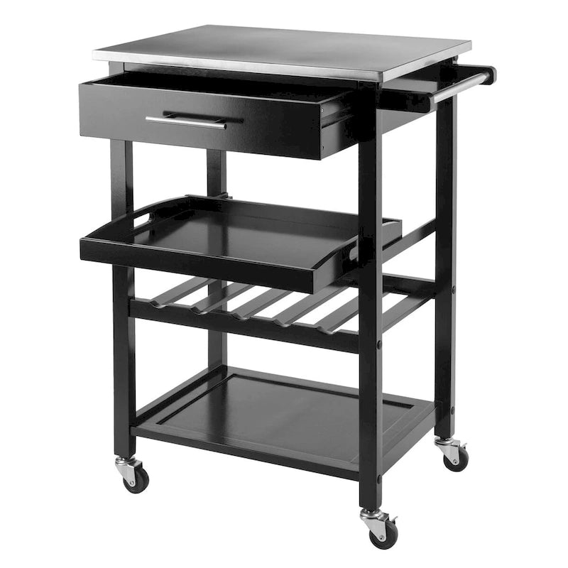 Utility Kitchen Cart, Stainless Steel Top, Black - 25.2 x 16.38 x 33.78 inches