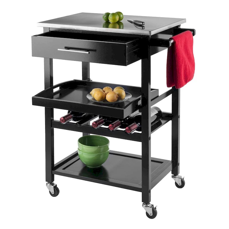 Utility Kitchen Cart, Stainless Steel Top, Black - 25.2 x 16.38 x 33.78 inches