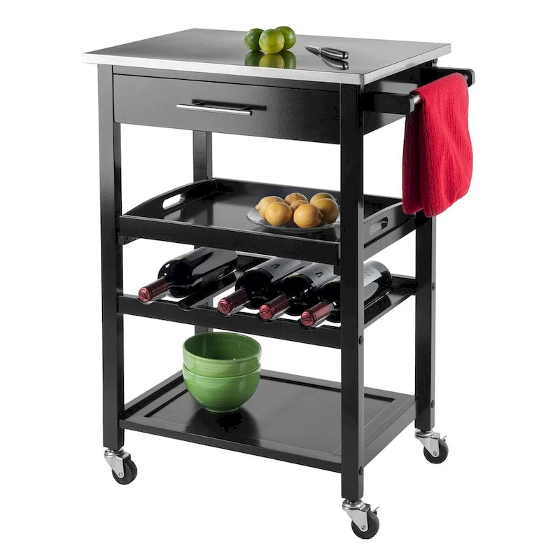 Utility Kitchen Cart, Stainless Steel Top, Black - 25.2 x 16.38 x 33.78 inches