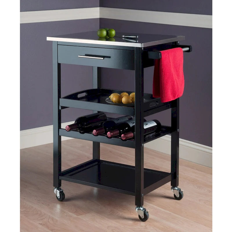 Utility Kitchen Cart, Stainless Steel Top, Black - 25.2 x 16.38 x 33.78 inches