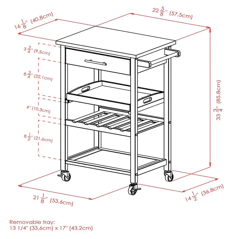 Utility Kitchen Cart, Stainless Steel Top, Black - 25.2 x 16.38 x 33.78 inches