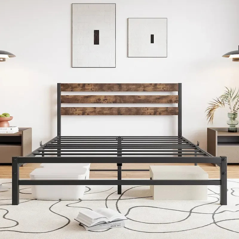 Cama de Plataforma Queen Size com Cabeceira de Madeira Rústica Vintage