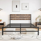 Cama de Plataforma Queen Size com Cabeceira de Madeira Rústica Vintage