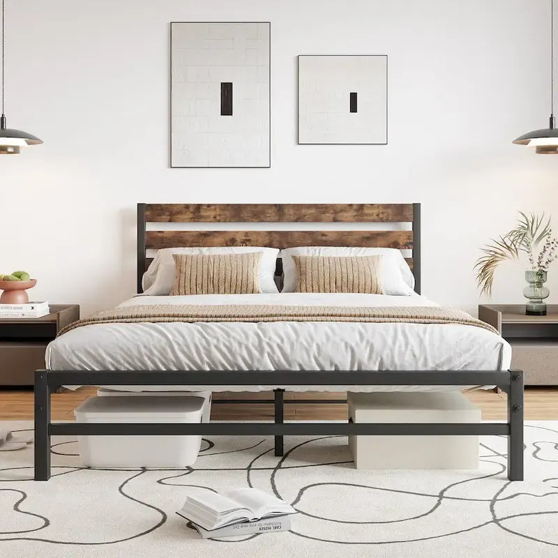Queen Size Platform Bed with Rustic Vintage Wood Headboard