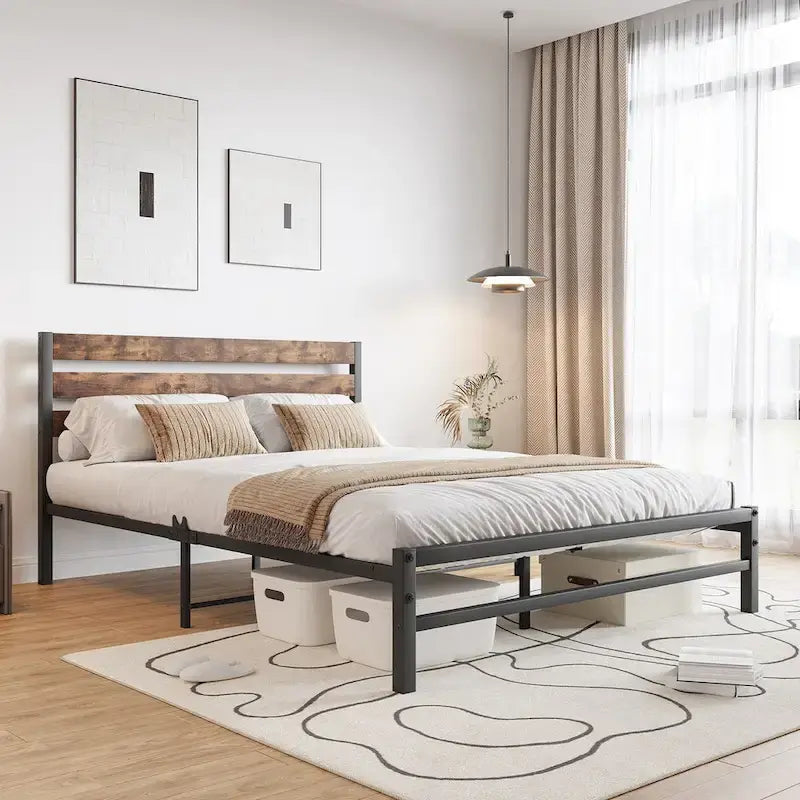 Queen Size Platform Bed with Rustic Vintage Wood Headboard
