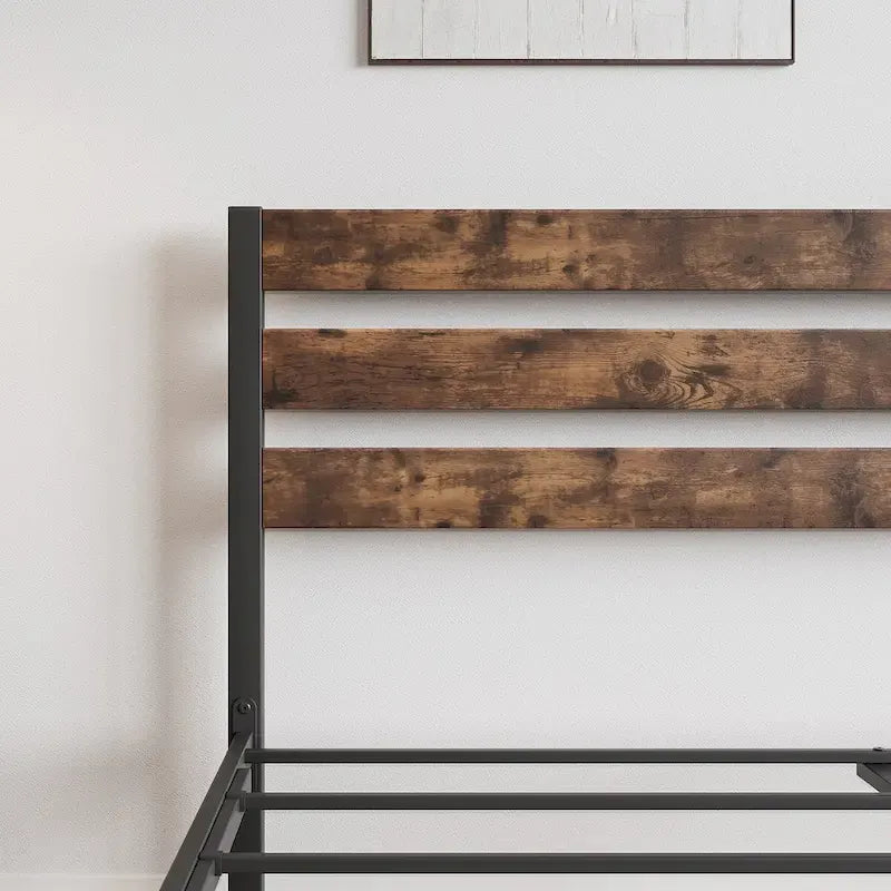 Queen Size Platform Bed with Rustic Vintage Wood Headboard
