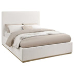 Cama Estofada King Size com Painel e Base Dourada Cor Marfim