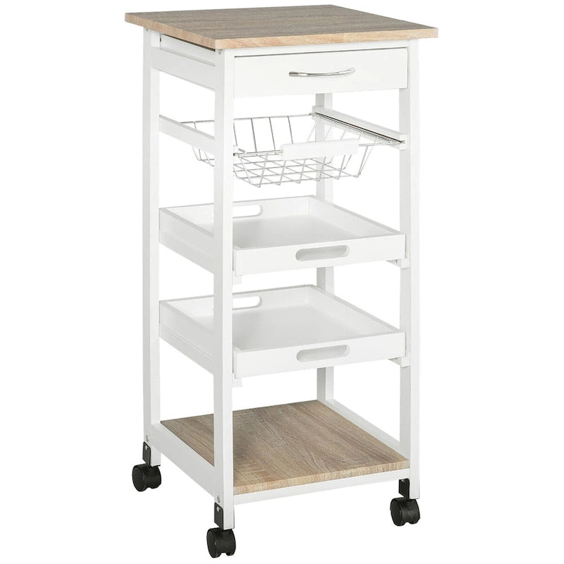 Rolling Kitchen Island w/ Storage, Wire Fruit Baskets, Trays & Drawer
