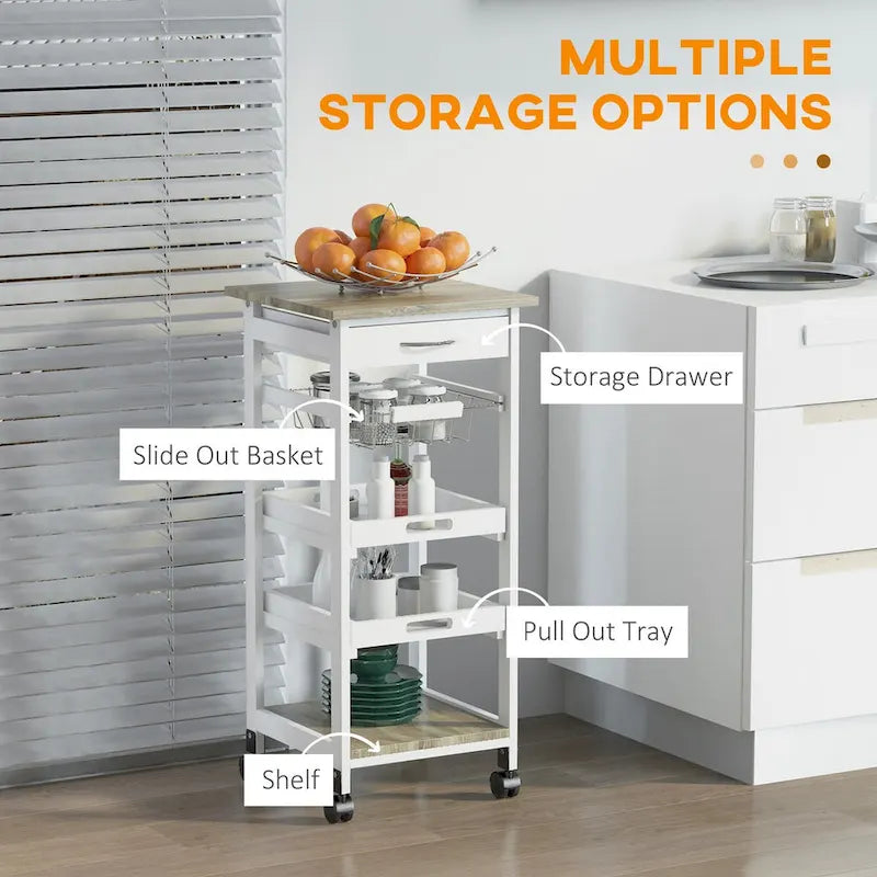 Rolling Kitchen Island w/ Storage, Wire Fruit Baskets, Trays & Drawer