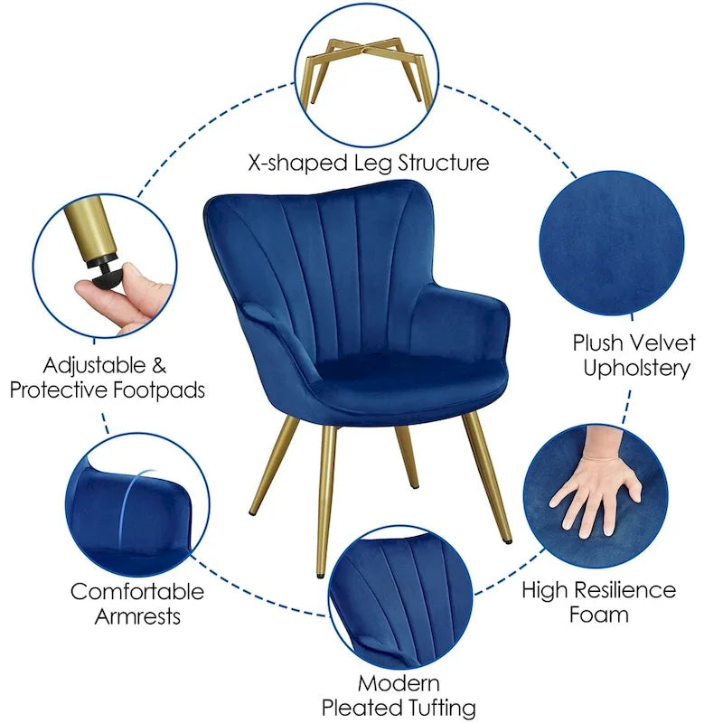 Yaheetech Modern Pleated Curved Back Velvet Accent Chair Modern Armchair for Living Room