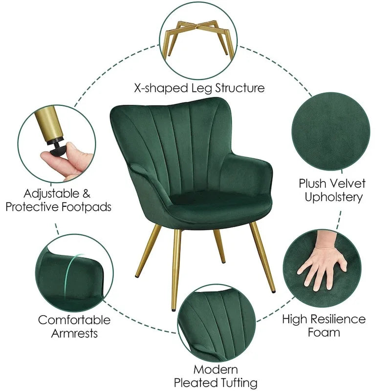 Yaheetech Modern Pleated Curved Back Velvet Accent Chair Modern Armchair for Living Room