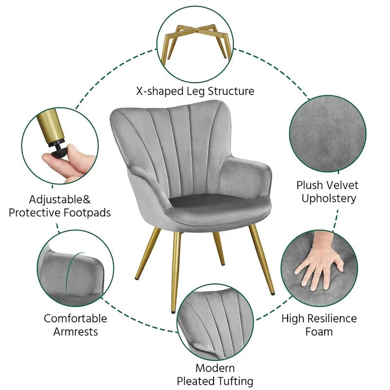 Yaheetech Modern Pleated Curved Back Velvet Accent Chair Modern Armchair for Living Room