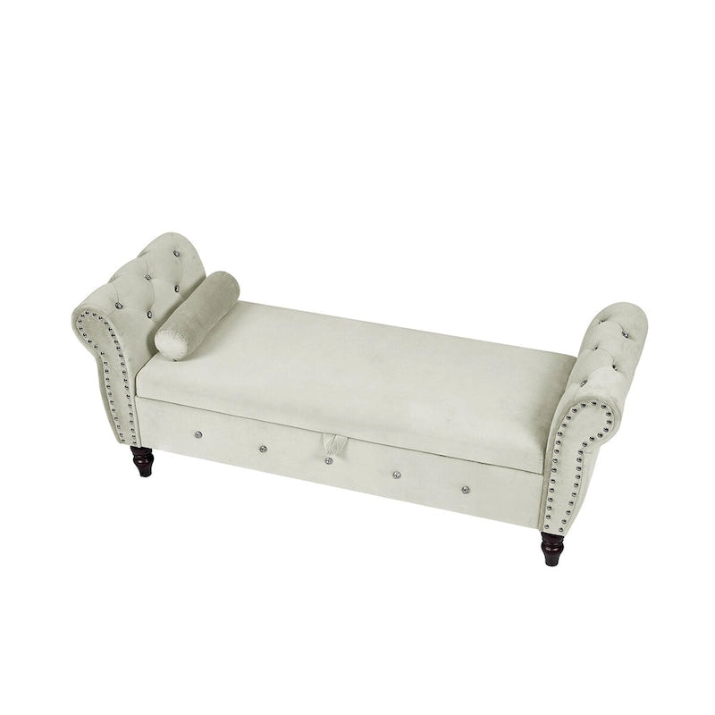 63.4 in. Velvet Bedroom Bench with Solid Wood Legs & 1 Pillow Nail Storage Ottoman Bench with Armrest Crystal Buckle