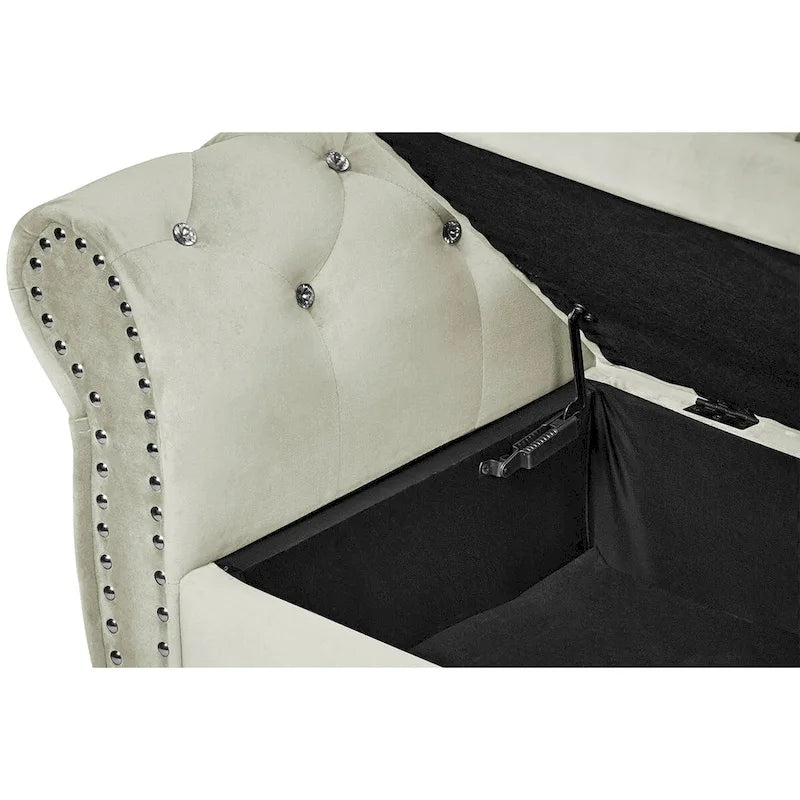 63.4 in. Velvet Bedroom Bench with Solid Wood Legs & 1 Pillow Nail Storage Ottoman Bench with Armrest Crystal Buckle
