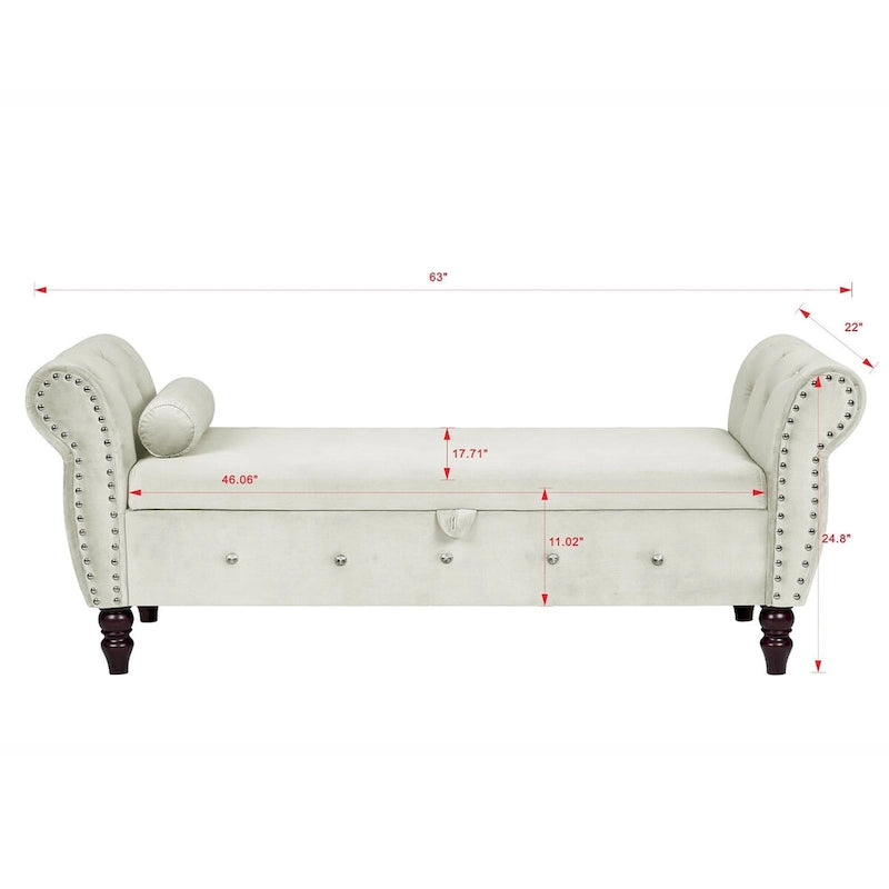 63.4 in. Velvet Bedroom Bench with Solid Wood Legs & 1 Pillow Nail Storage Ottoman Bench with Armrest Crystal Buckle