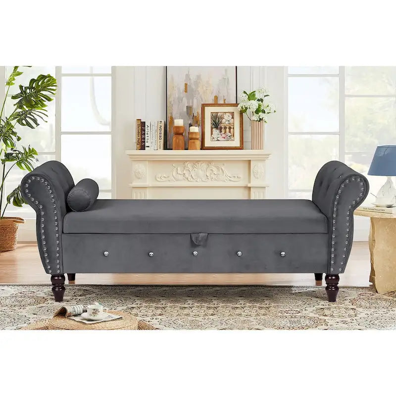 63.4 in. Velvet Bedroom Bench with Solid Wood Legs & 1 Pillow Nail Storage Ottoman Bench with Armrest Crystal Buckle