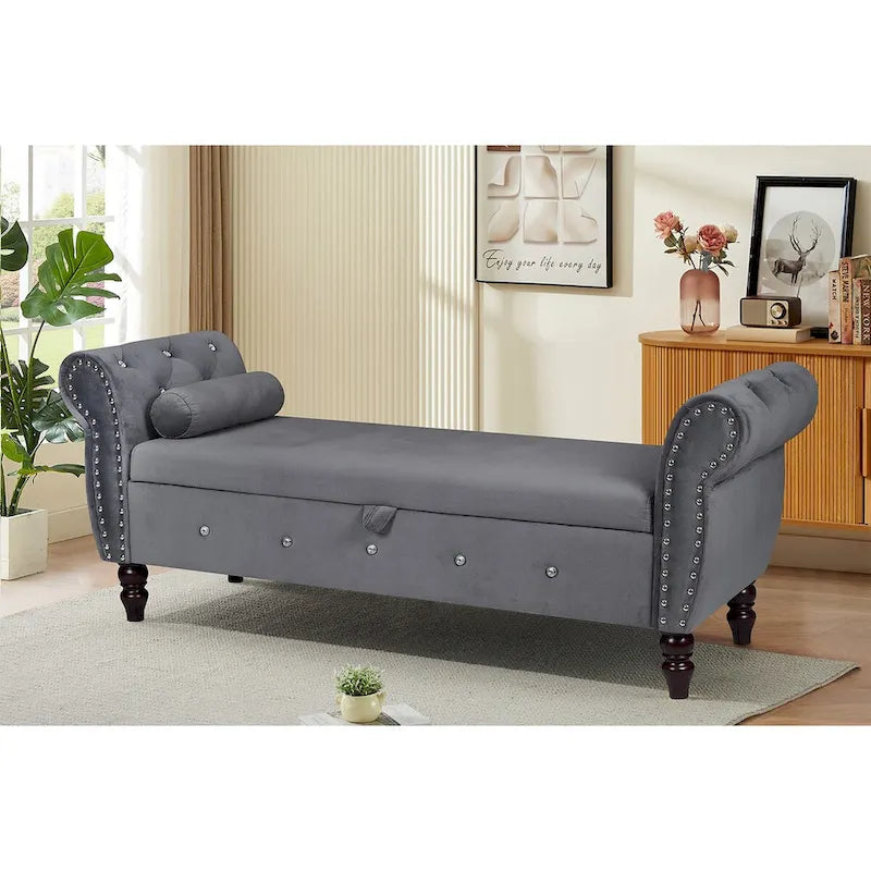 63.4 in. Velvet Bedroom Bench with Solid Wood Legs & 1 Pillow Nail Storage Ottoman Bench with Armrest Crystal Buckle