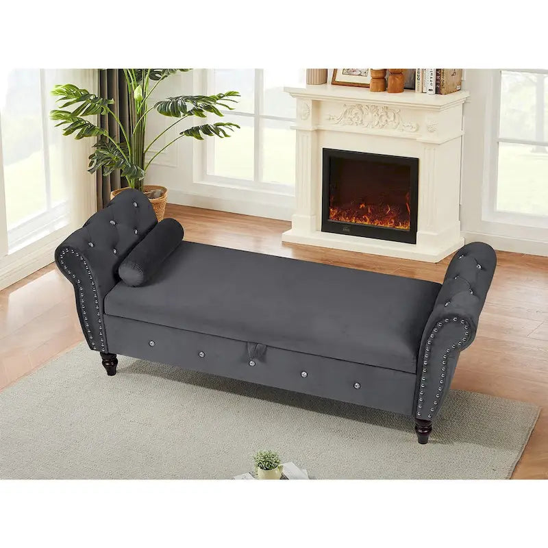 63.4 in. Velvet Bedroom Bench with Solid Wood Legs & 1 Pillow Nail Storage Ottoman Bench with Armrest Crystal Buckle