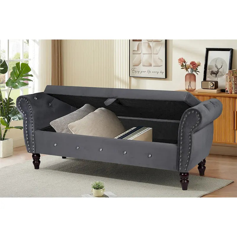 63.4 in. Velvet Bedroom Bench with Solid Wood Legs & 1 Pillow Nail Storage Ottoman Bench with Armrest Crystal Buckle