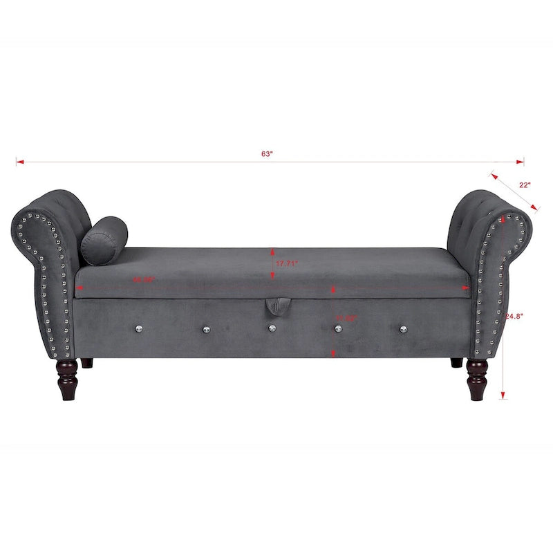 63.4 in. Velvet Bedroom Bench with Solid Wood Legs & 1 Pillow Nail Storage Ottoman Bench with Armrest Crystal Buckle