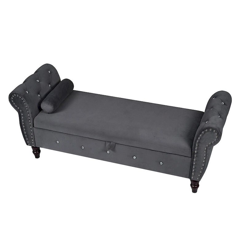 63.4 in. Velvet Bedroom Bench with Solid Wood Legs & 1 Pillow Nail Storage Ottoman Bench with Armrest Crystal Buckle