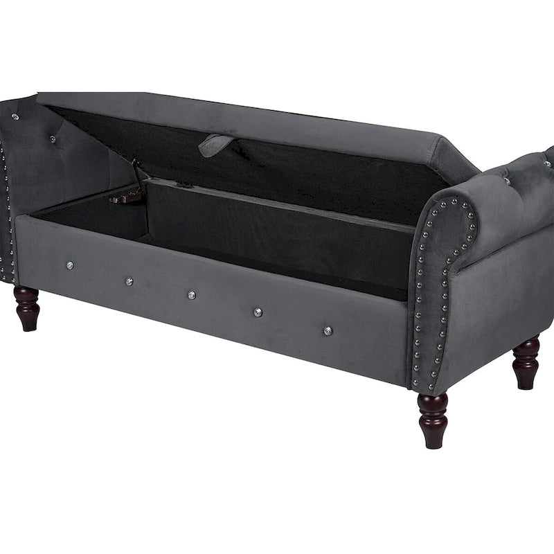 63.4 in. Velvet Bedroom Bench with Solid Wood Legs & 1 Pillow Nail Storage Ottoman Bench with Armrest Crystal Buckle