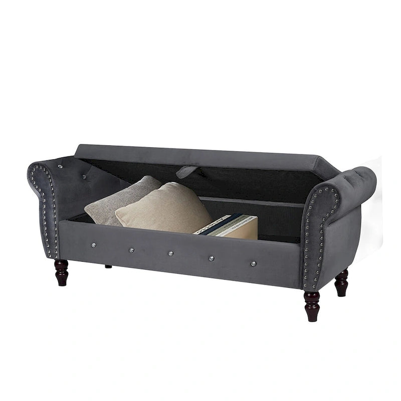 63.4 in. Velvet Bedroom Bench with Solid Wood Legs & 1 Pillow Nail Storage Ottoman Bench with Armrest Crystal Buckle