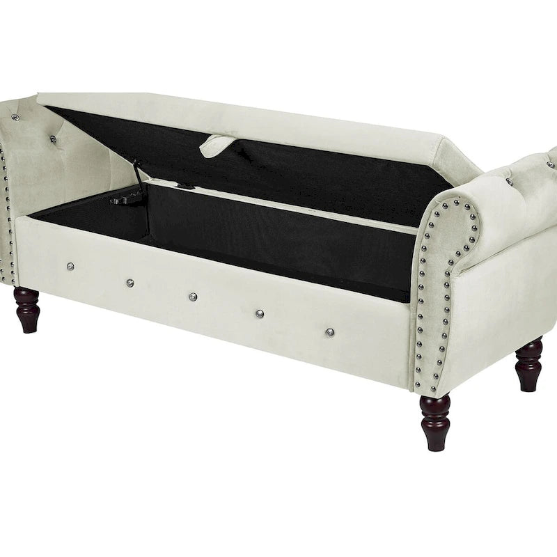 63.4 in. Velvet Bedroom Bench with Solid Wood Legs & 1 Pillow Nail Storage Ottoman Bench with Armrest Crystal Buckle